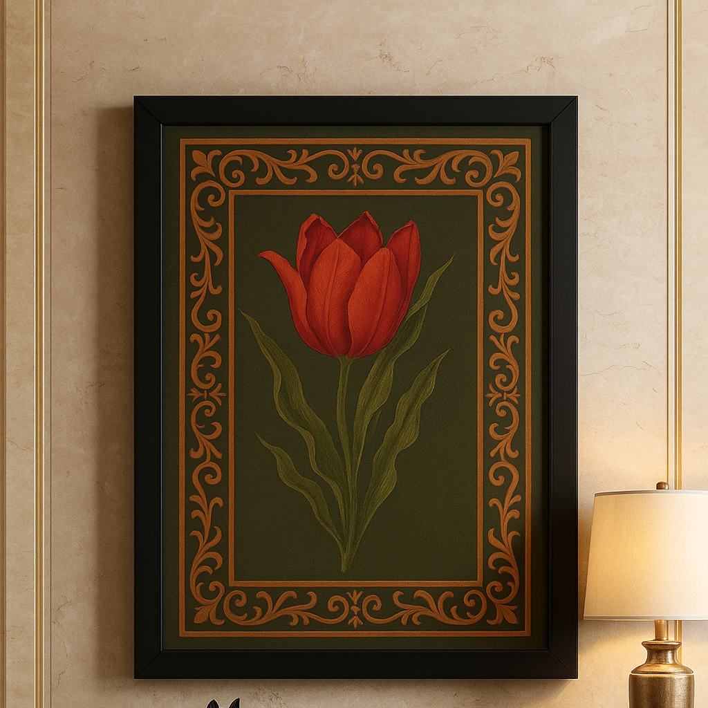 Framed artwork of a red tulip on a wall above a decorative console table.